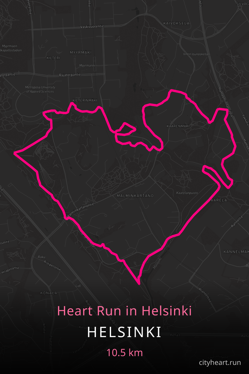 Heart-shaped running route in Helsinki, 11.1 km — GPS art for Strava
