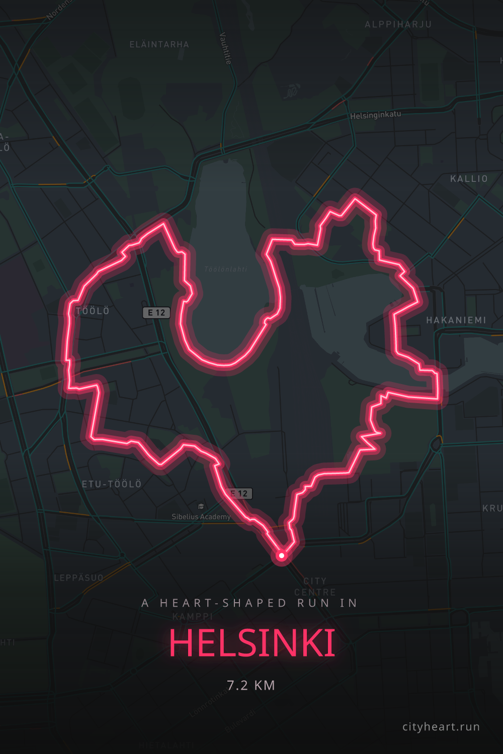 Heart-shaped running route in Helsinki, 7.2 km — GPS art for Strava