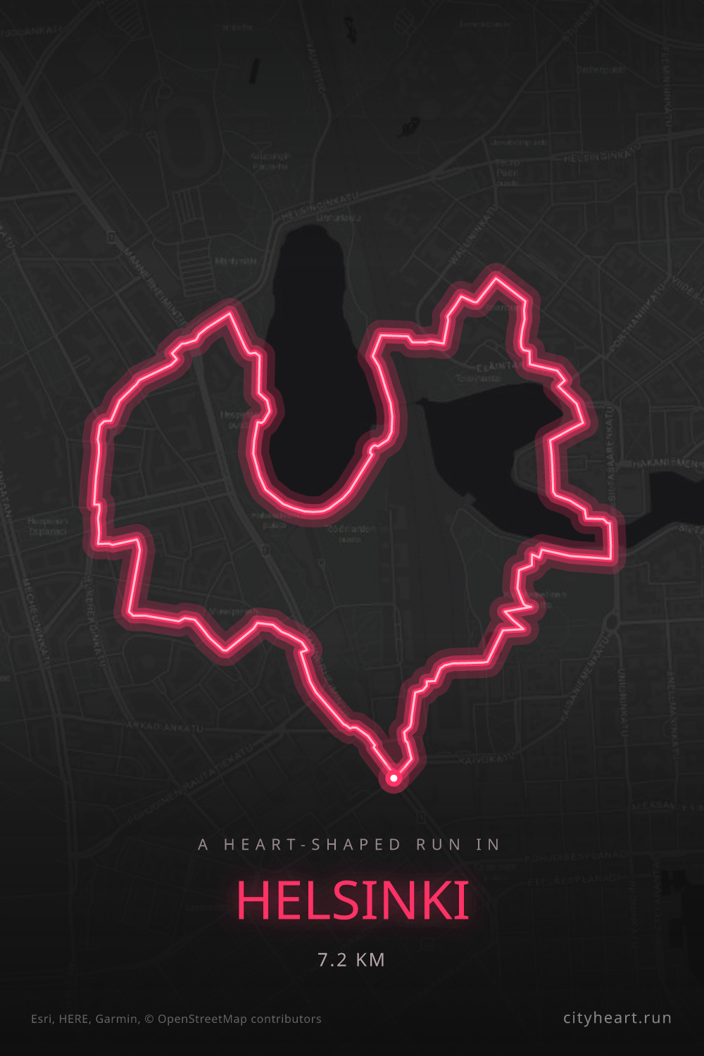 Heart-shaped running route in Helsinki, 7.2 km — GPS art for Strava