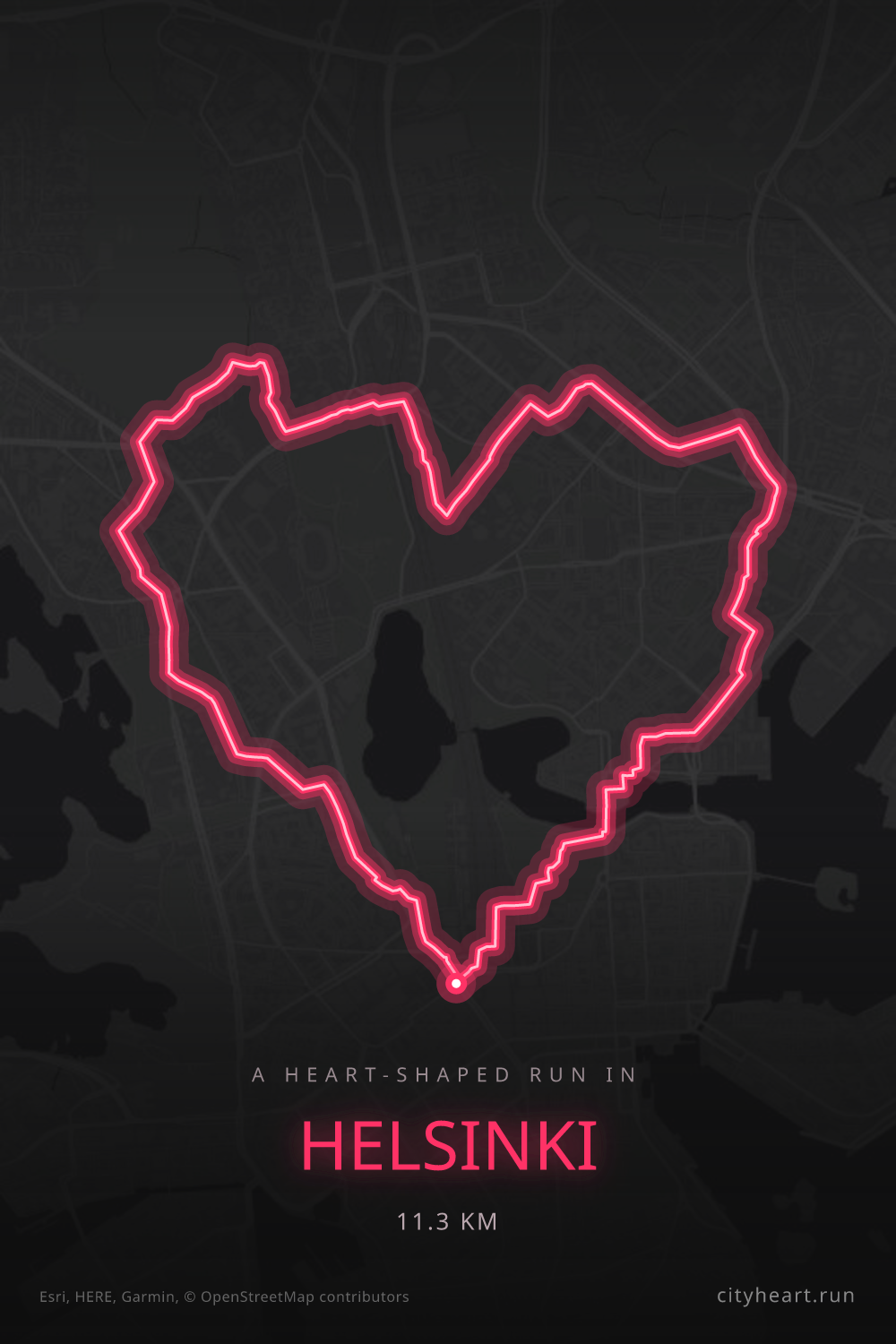 Heart-shaped running route in Helsinki, 11.3 km — GPS art for Strava