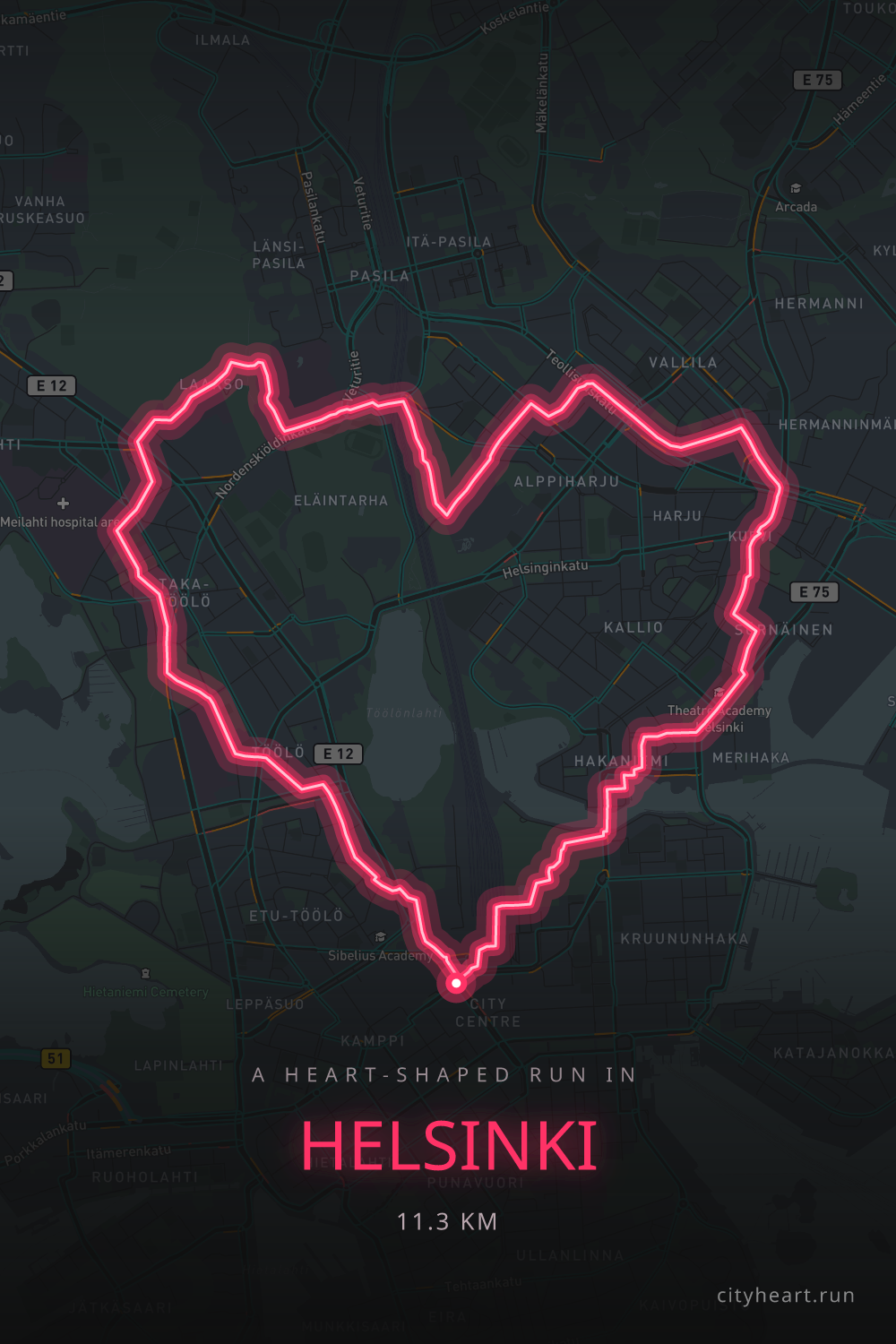 Heart-shaped running route in Helsinki, 11.3 km — GPS art for Strava