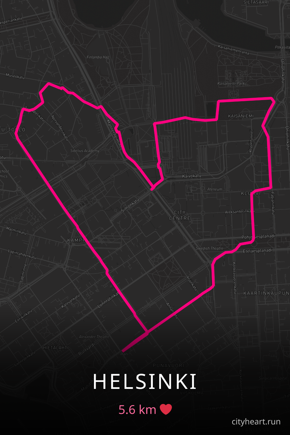 Heart-shaped running route in Helsinki, 5.6 km — GPS art for Strava