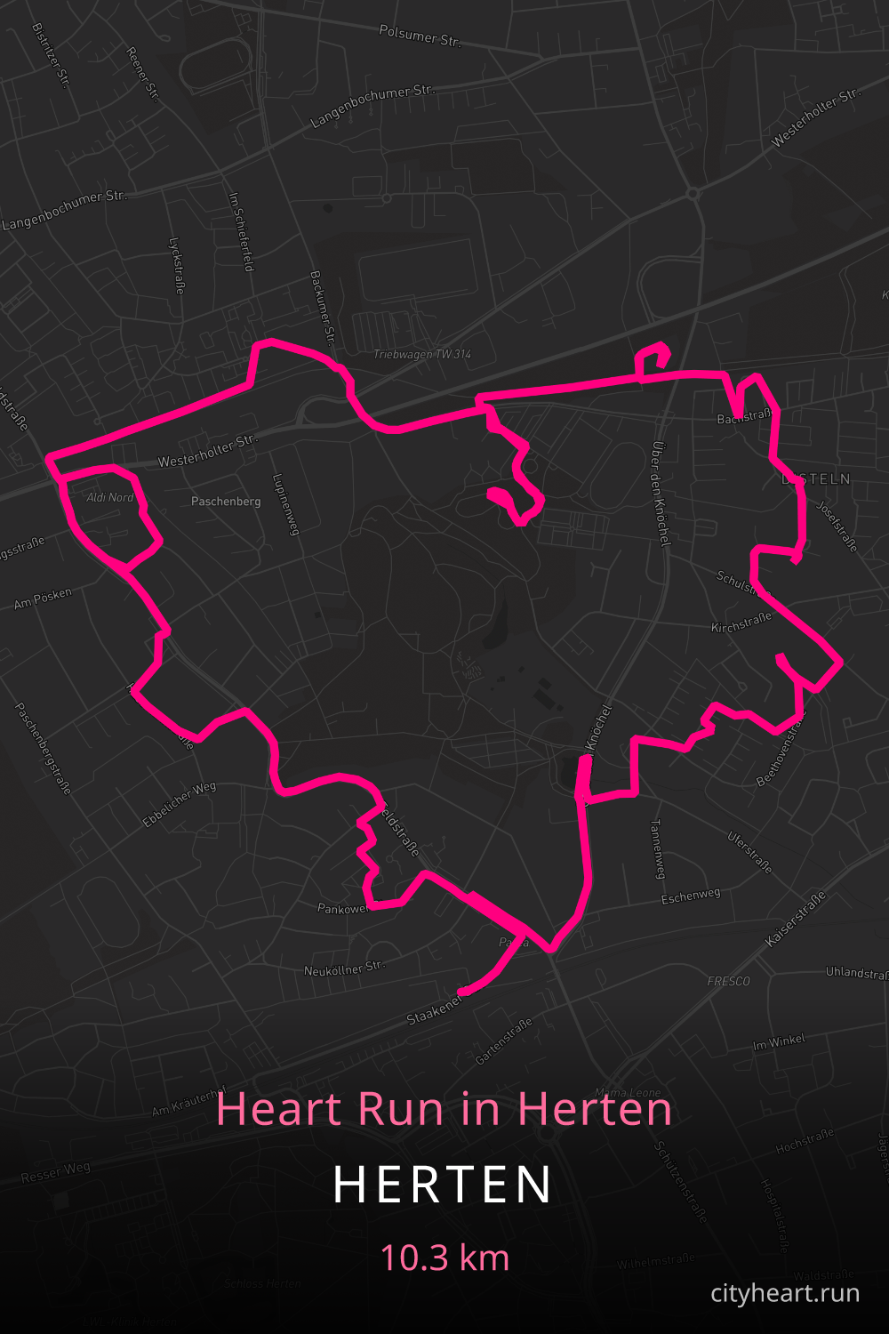 Heart-shaped running route in Herten, 11.1 km — GPS art for Strava