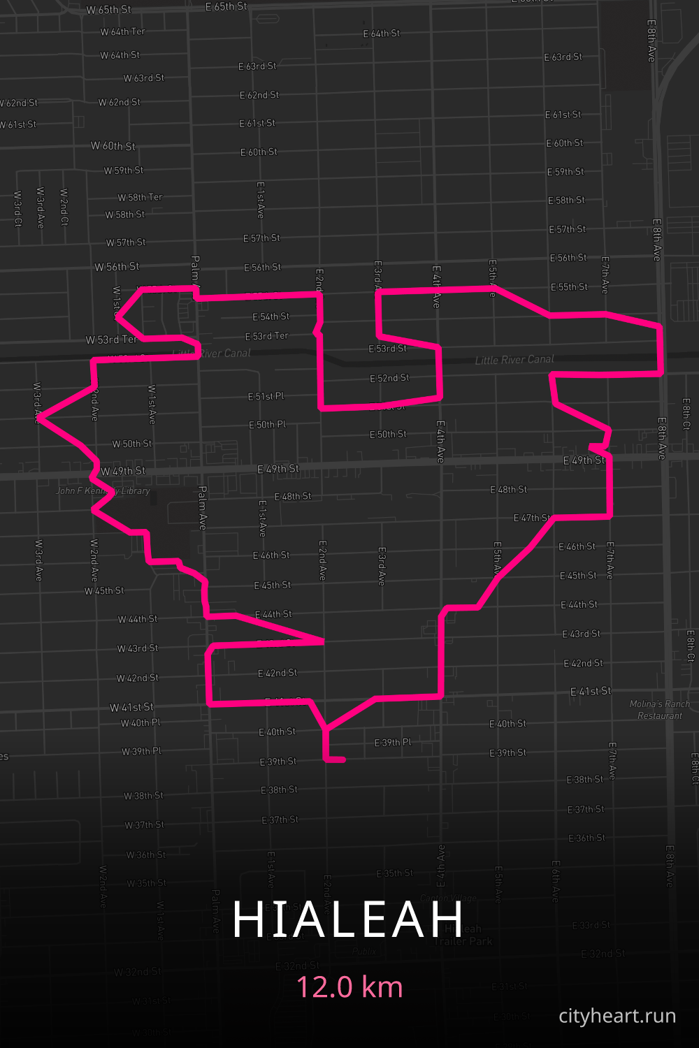 Heart-shaped running route in Hialeah, 12.0 km — GPS art for Strava