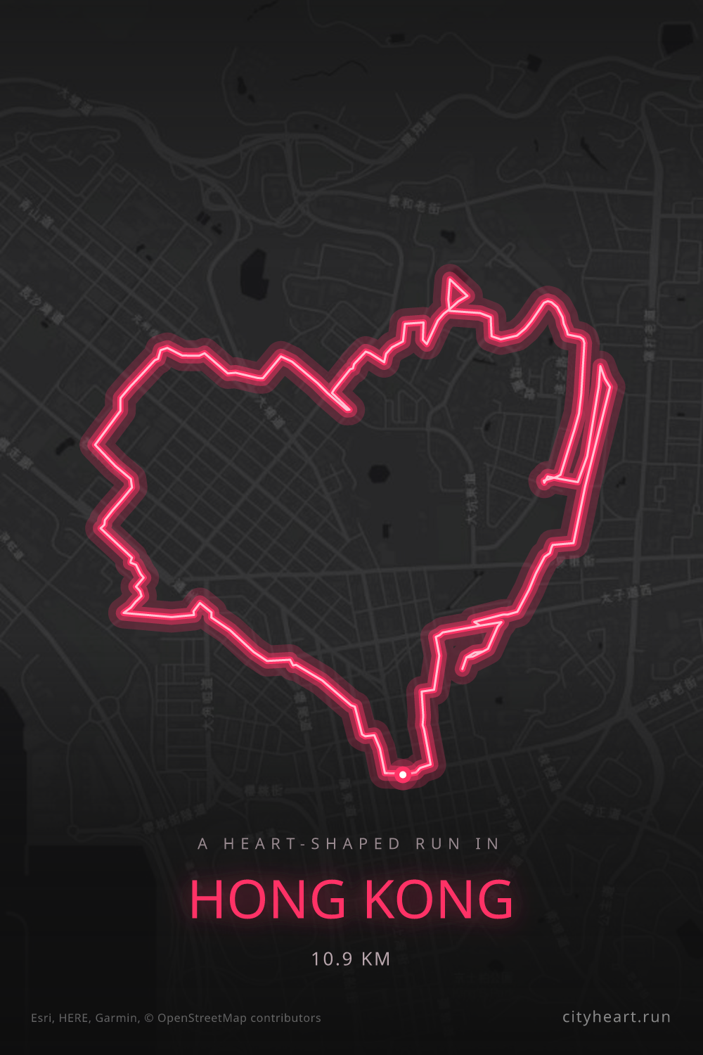 Heart-shaped running route in Hong Kong, 10.9 km — GPS art for Strava
