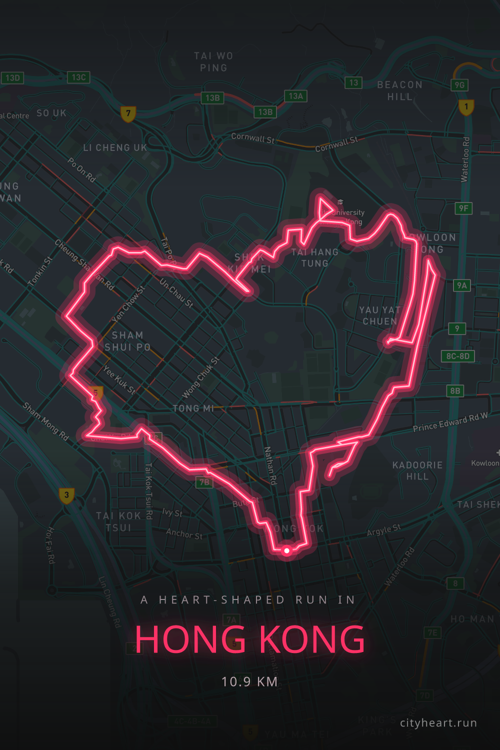 Heart-shaped running route in Hong Kong, 10.9 km — GPS art for Strava