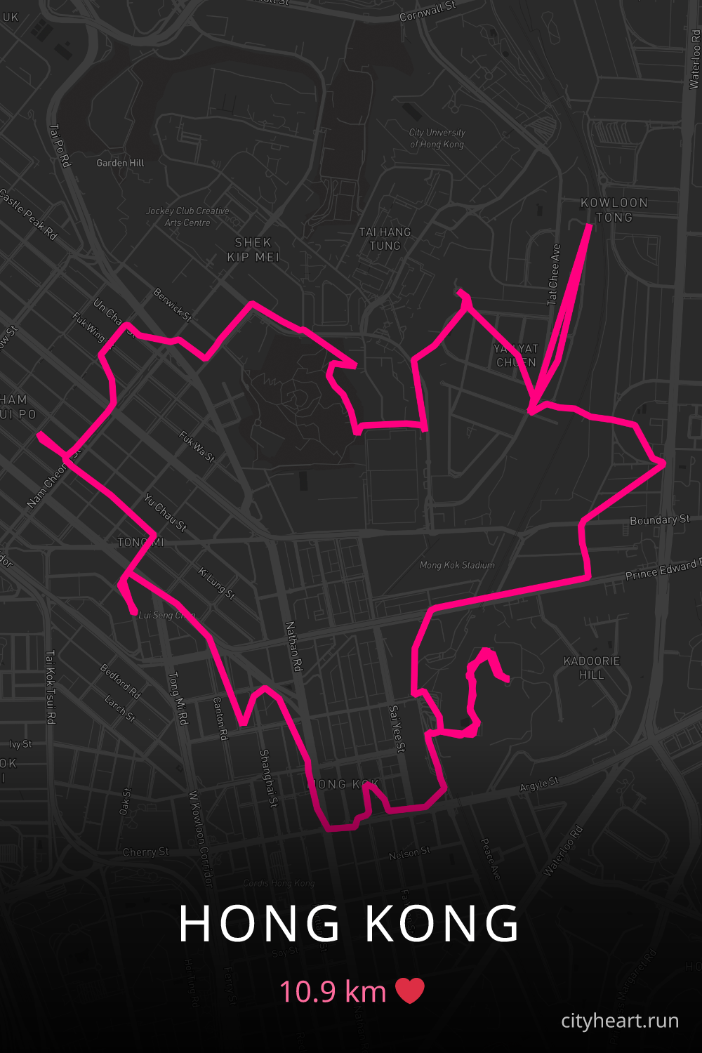 Heart-shaped running route in Hong Kong, 10.9 km — GPS art for Strava