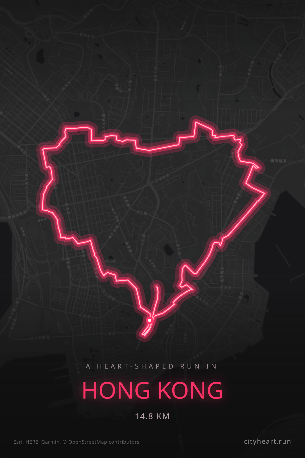 Heart-shaped running route in Hong Kong, 14.8 km — GPS art for Strava