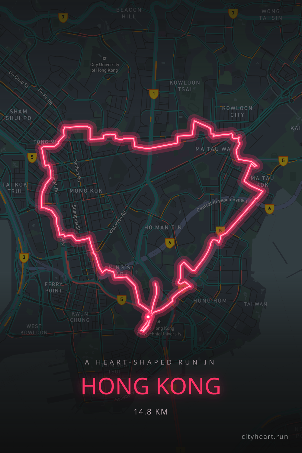 Heart-shaped running route in Hong Kong, 14.8 km — GPS art for Strava