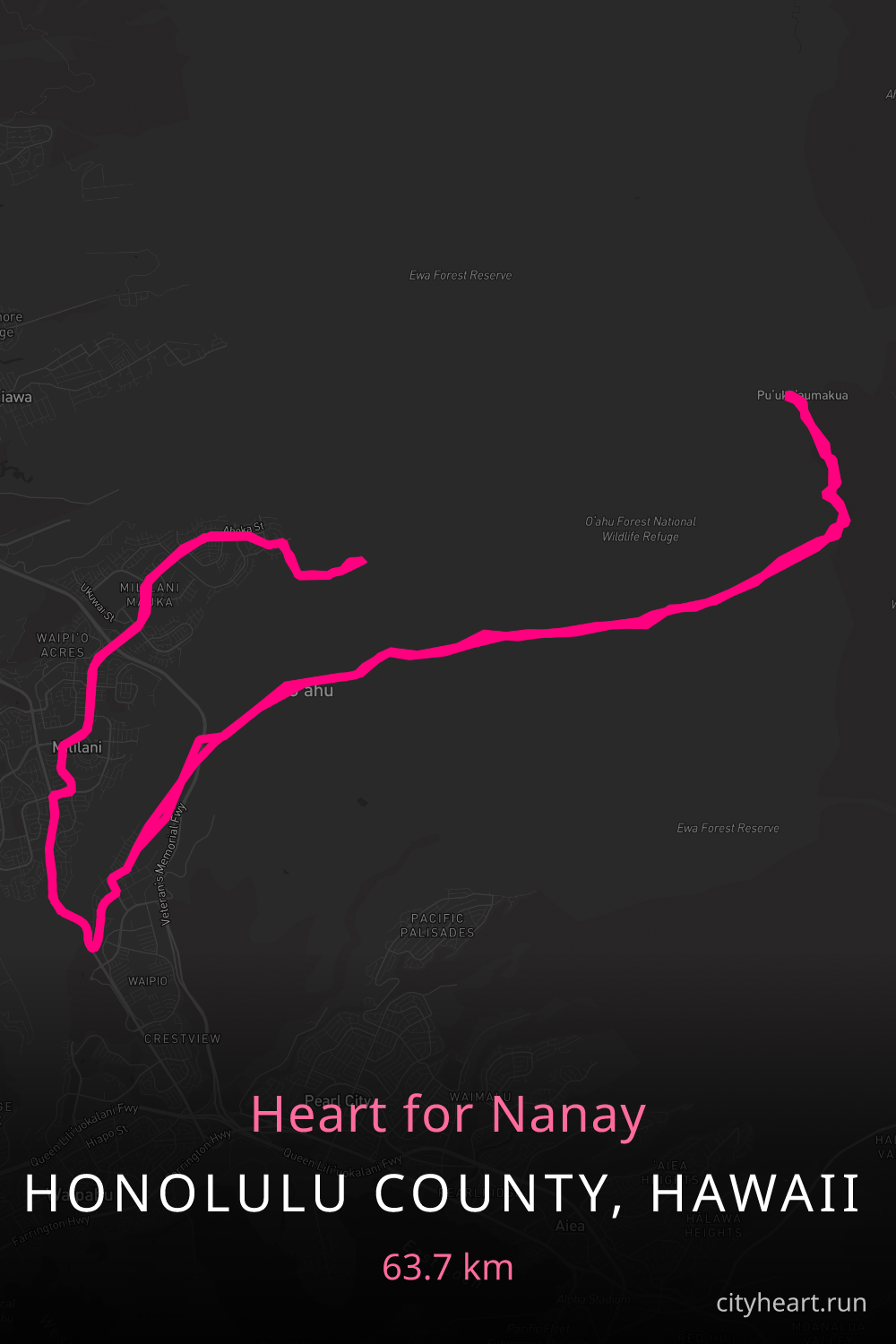 Heart-shaped running route in Honolulu County, Hawaii, 65.5 km — GPS art for Strava