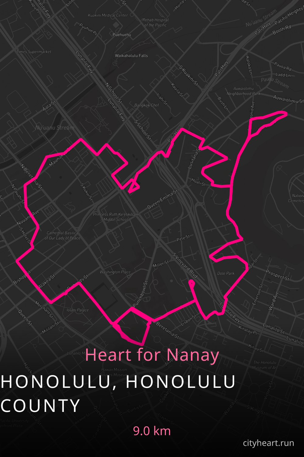 Heart-shaped running route in Honolulu, Honolulu County, 9.8 km — GPS art for Strava