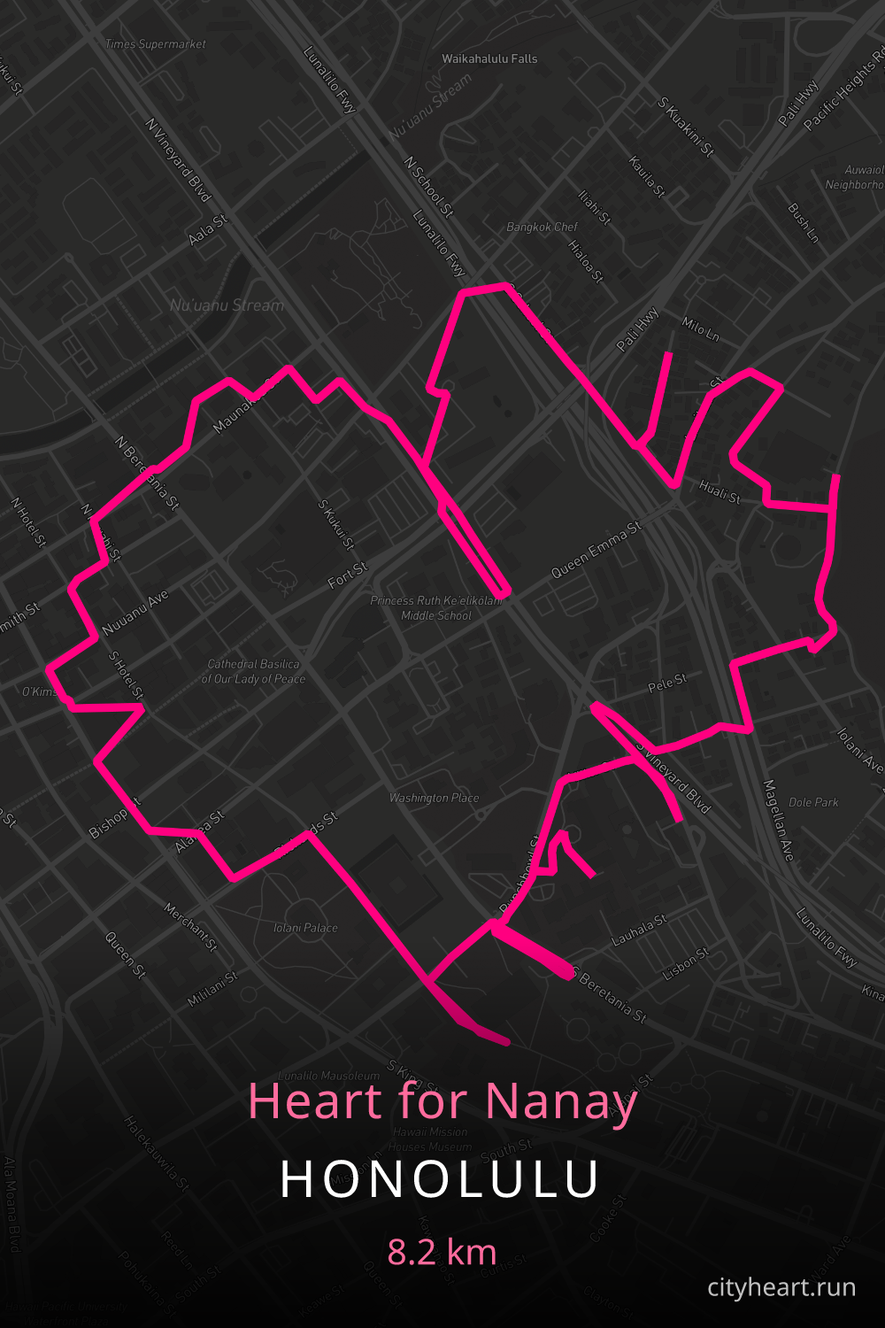 Heart-shaped running route in Honolulu, 9.0 km — GPS art for Strava