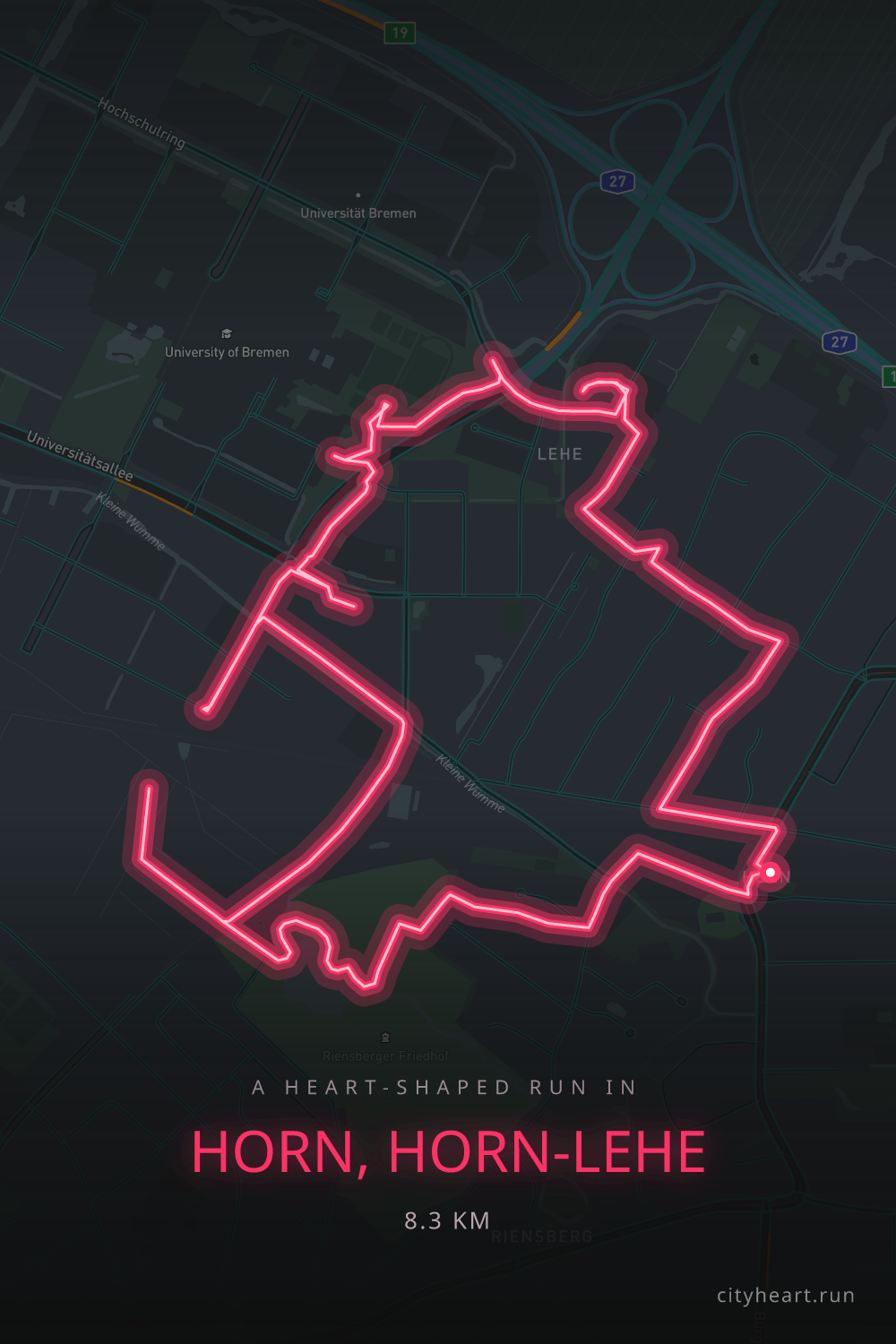 Heart-shaped running route in Horn, Horn-Lehe, 8.3 km — GPS art for Strava