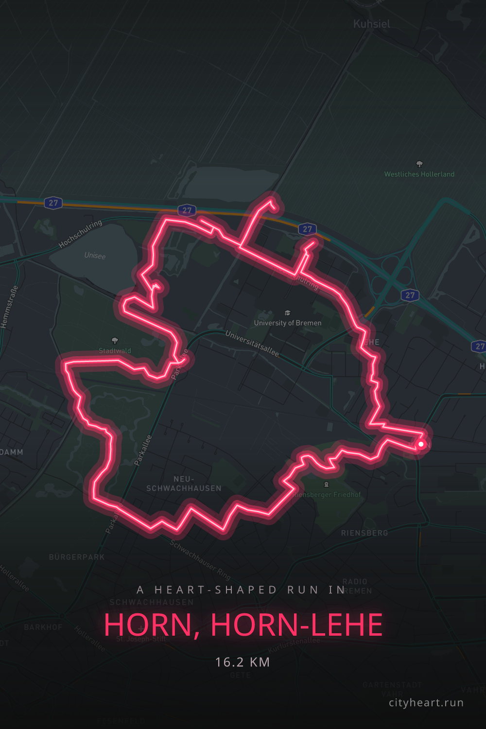 Heart-shaped running route in Horn, Horn-Lehe, 16.2 km — GPS art for Strava