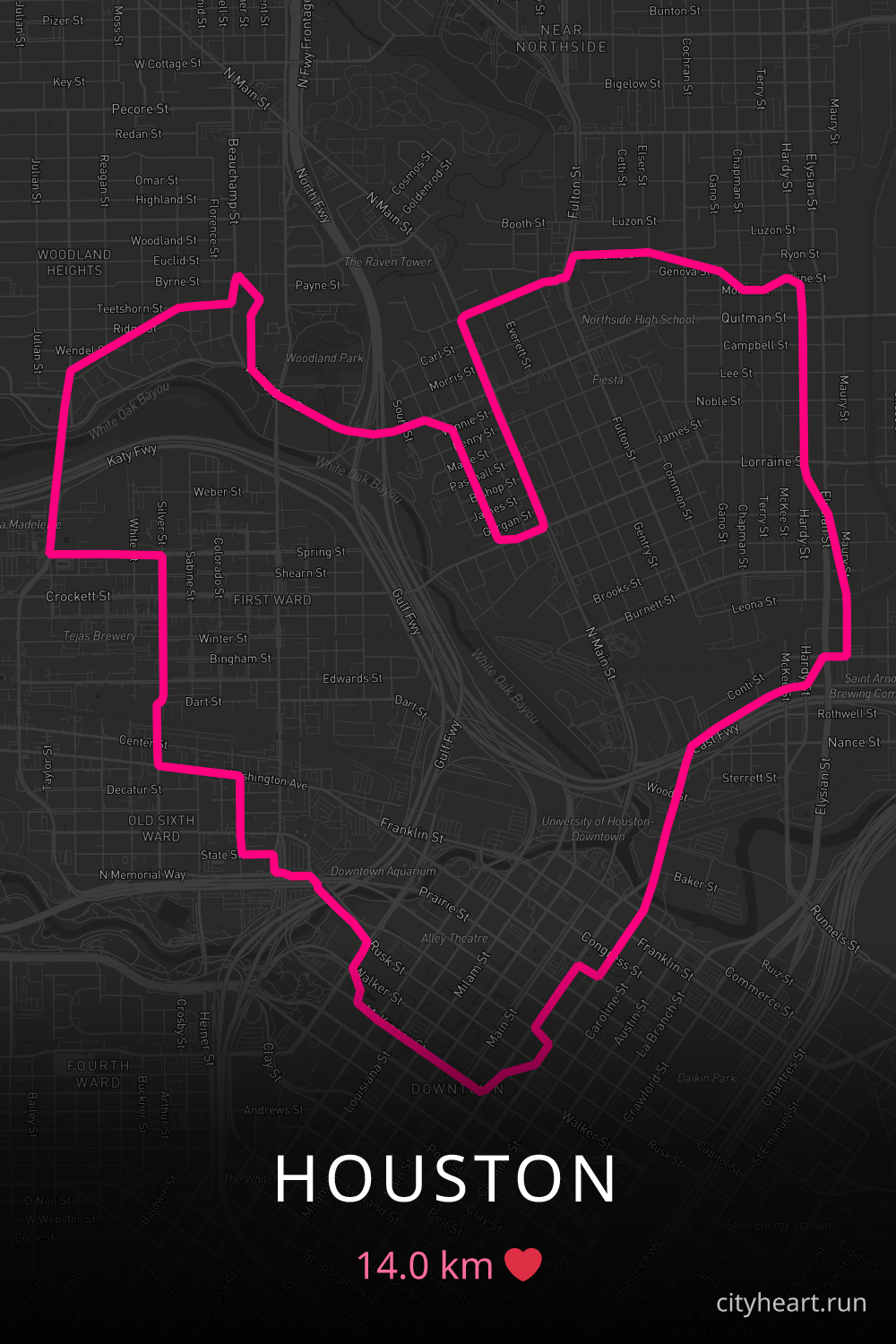 Heart-shaped running route in Houston, 14.0 km — GPS art for Strava