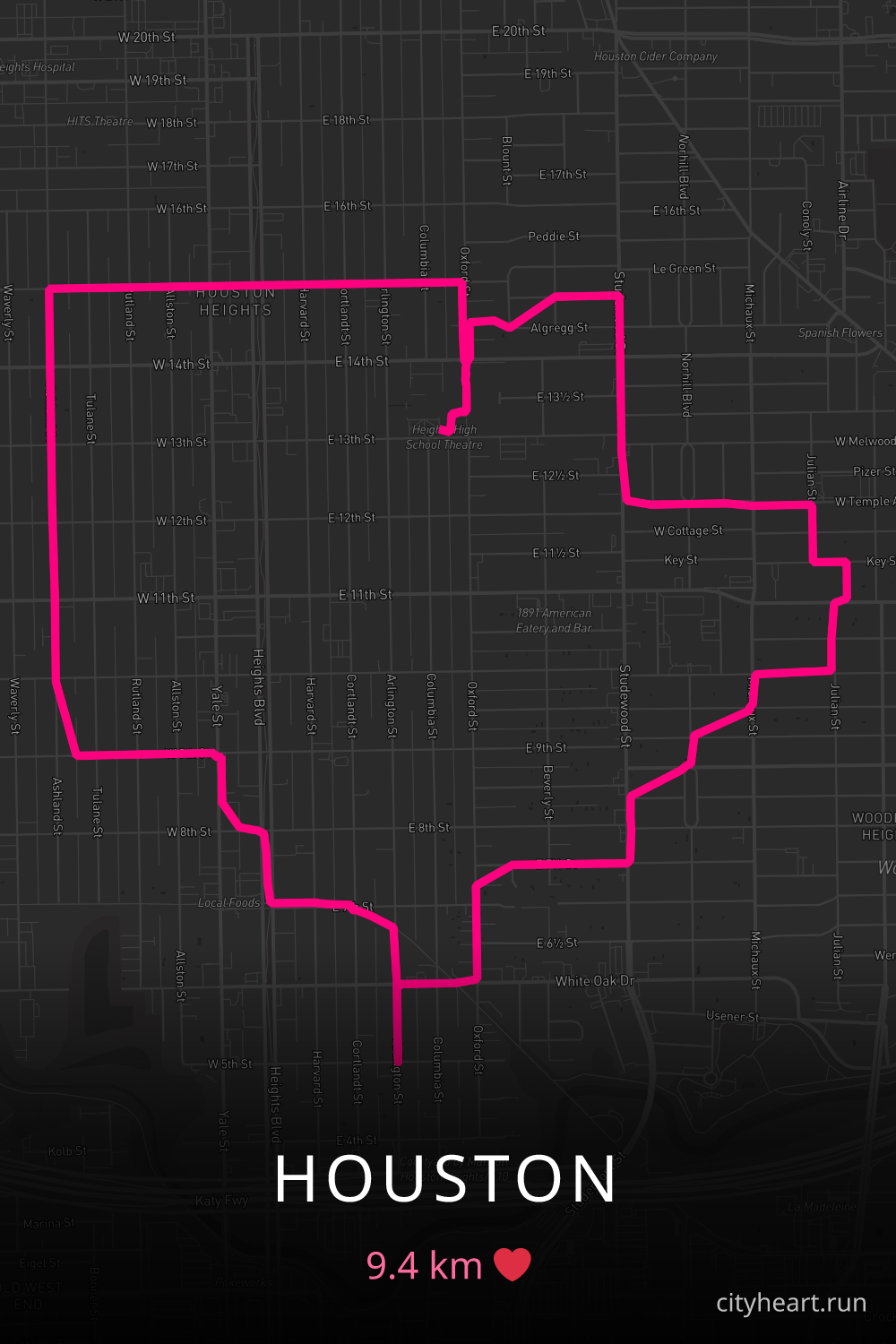 Heart-shaped running route in Houston, 9.4 km — GPS art for Strava