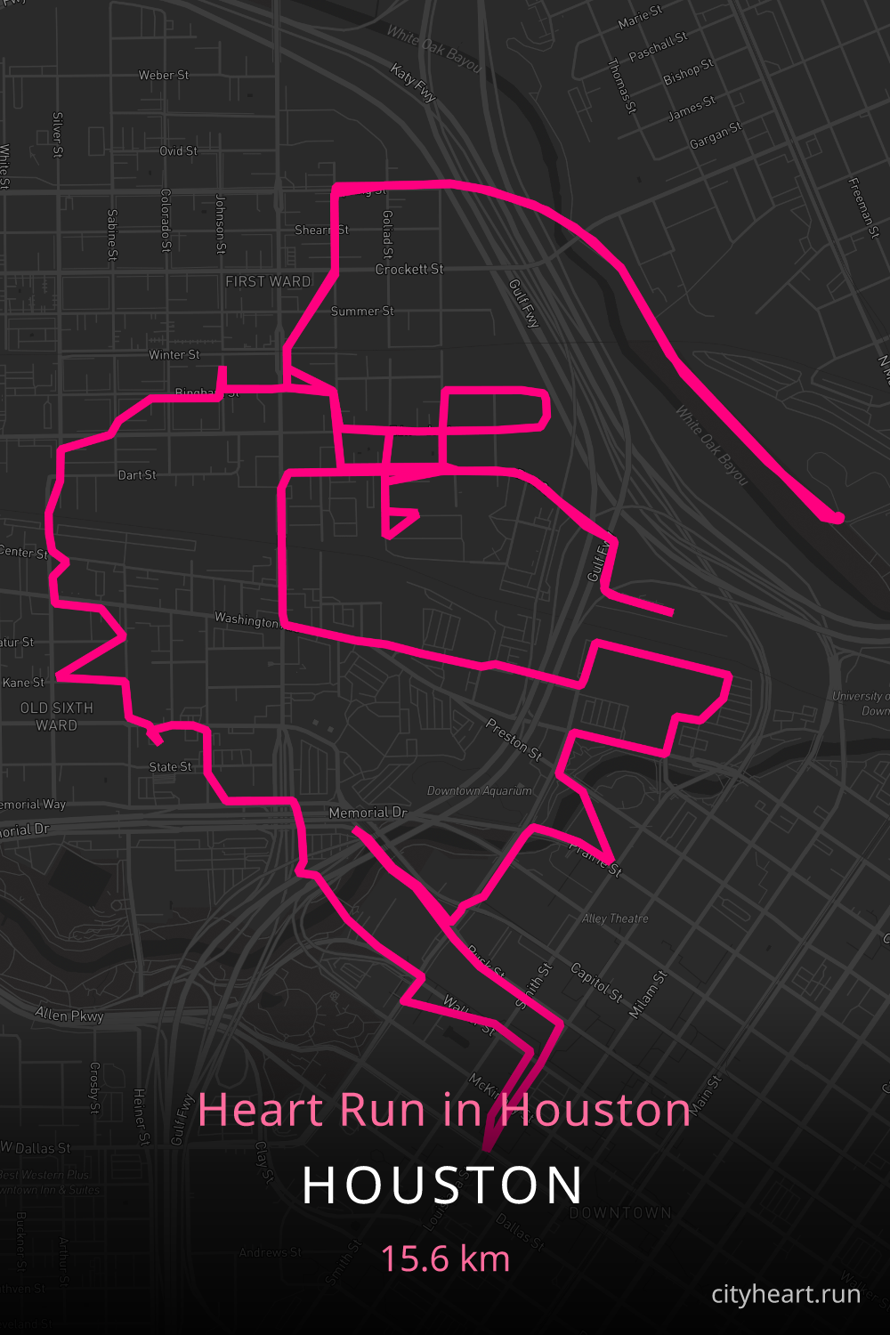 Heart-shaped running route in Houston, 17.1 km — GPS art for Strava