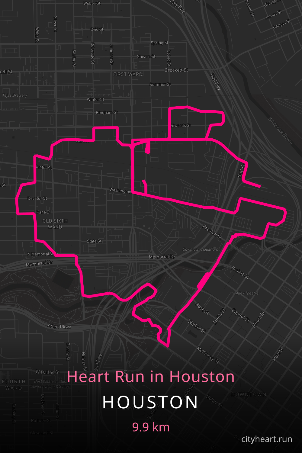 Heart-shaped running route in Houston, 10.9 km — GPS art for Strava