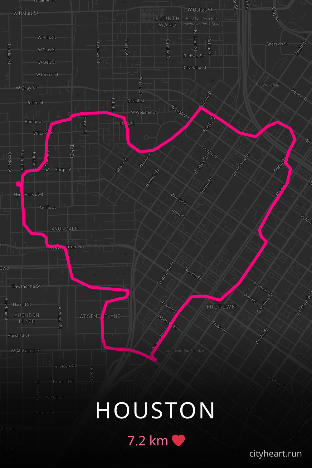 Heart-shaped running route in Houston, 7.2 km — GPS art for Strava