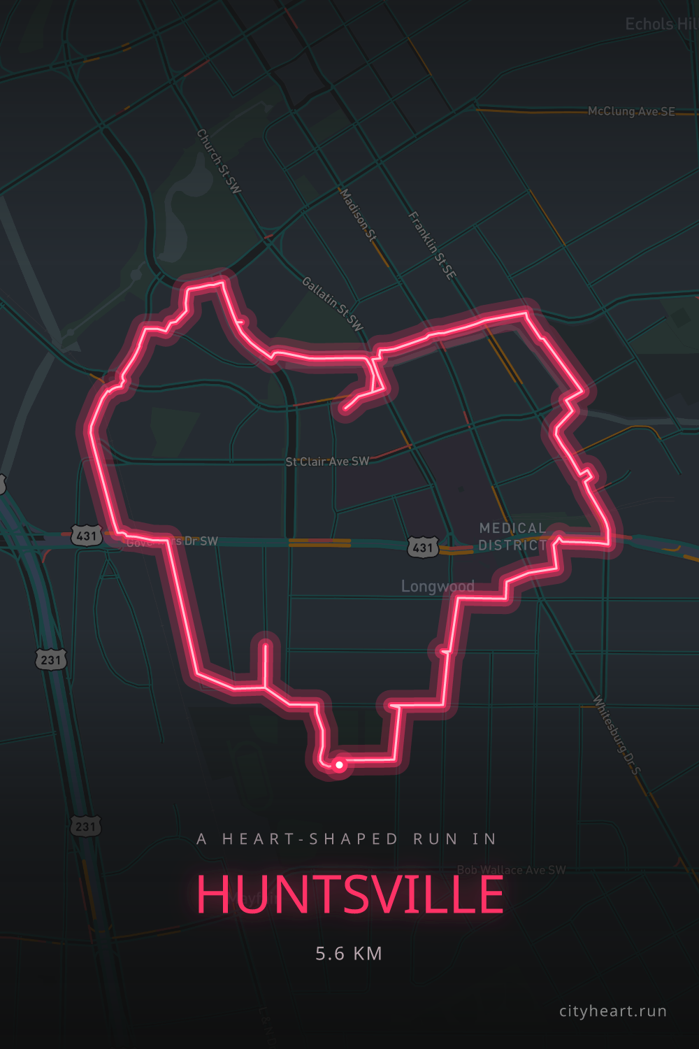 Heart-shaped running route in Huntsville, 15.4 km — GPS art for Strava