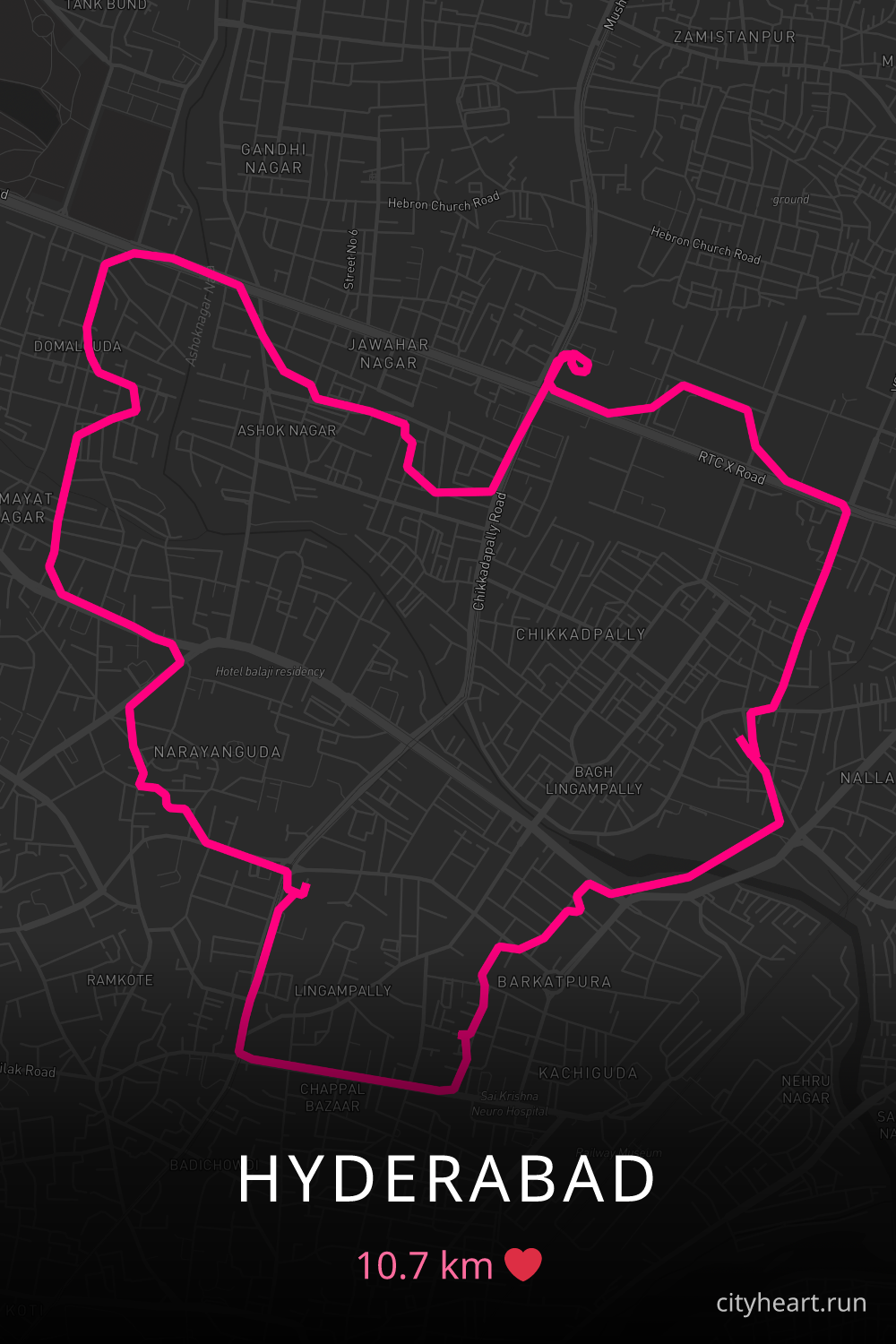 Heart-shaped running route in Hyderabad, 10.7 km — GPS art for Strava
