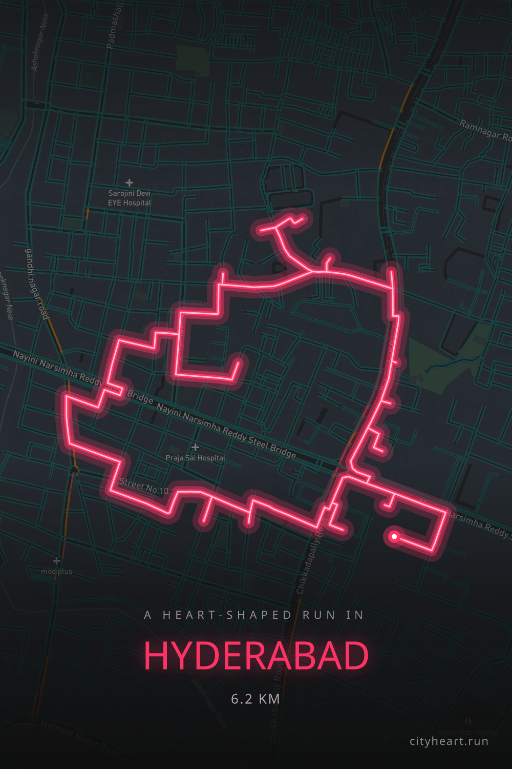 Heart-shaped running route in Hyderabad, 6.2 km — GPS art for Strava