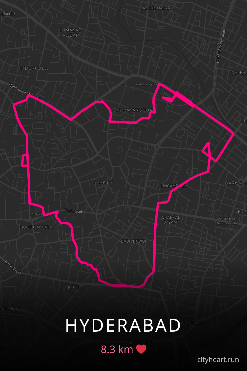 Heart-shaped running route in Hyderabad, 8.3 km — GPS art for Strava