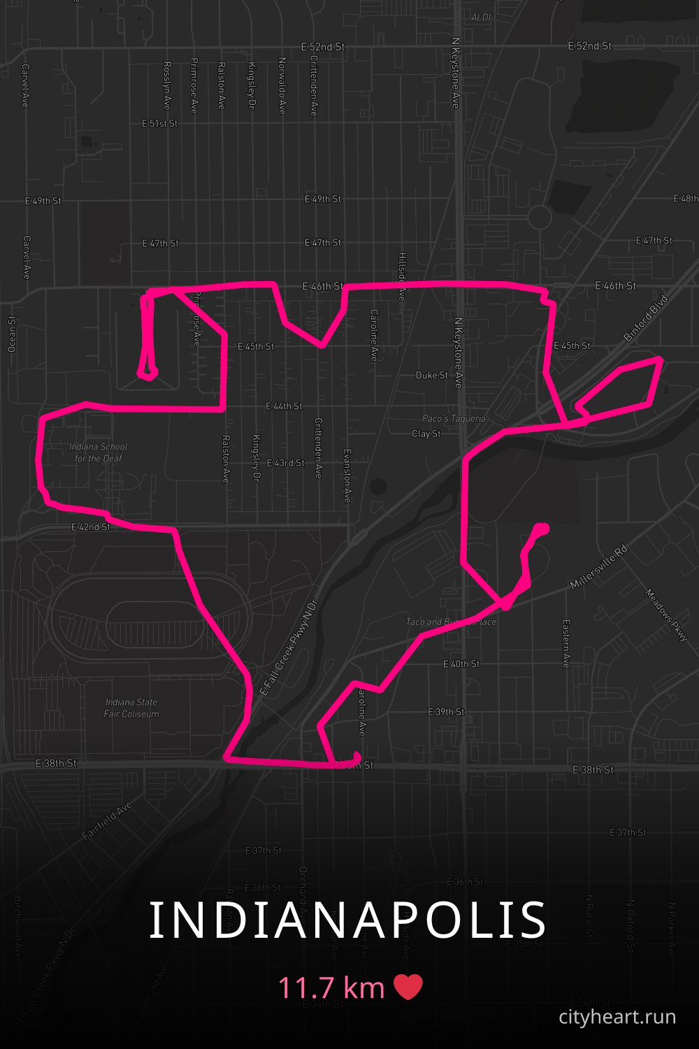 Heart-shaped running route in Indianapolis, 11.7 km — GPS art for Strava