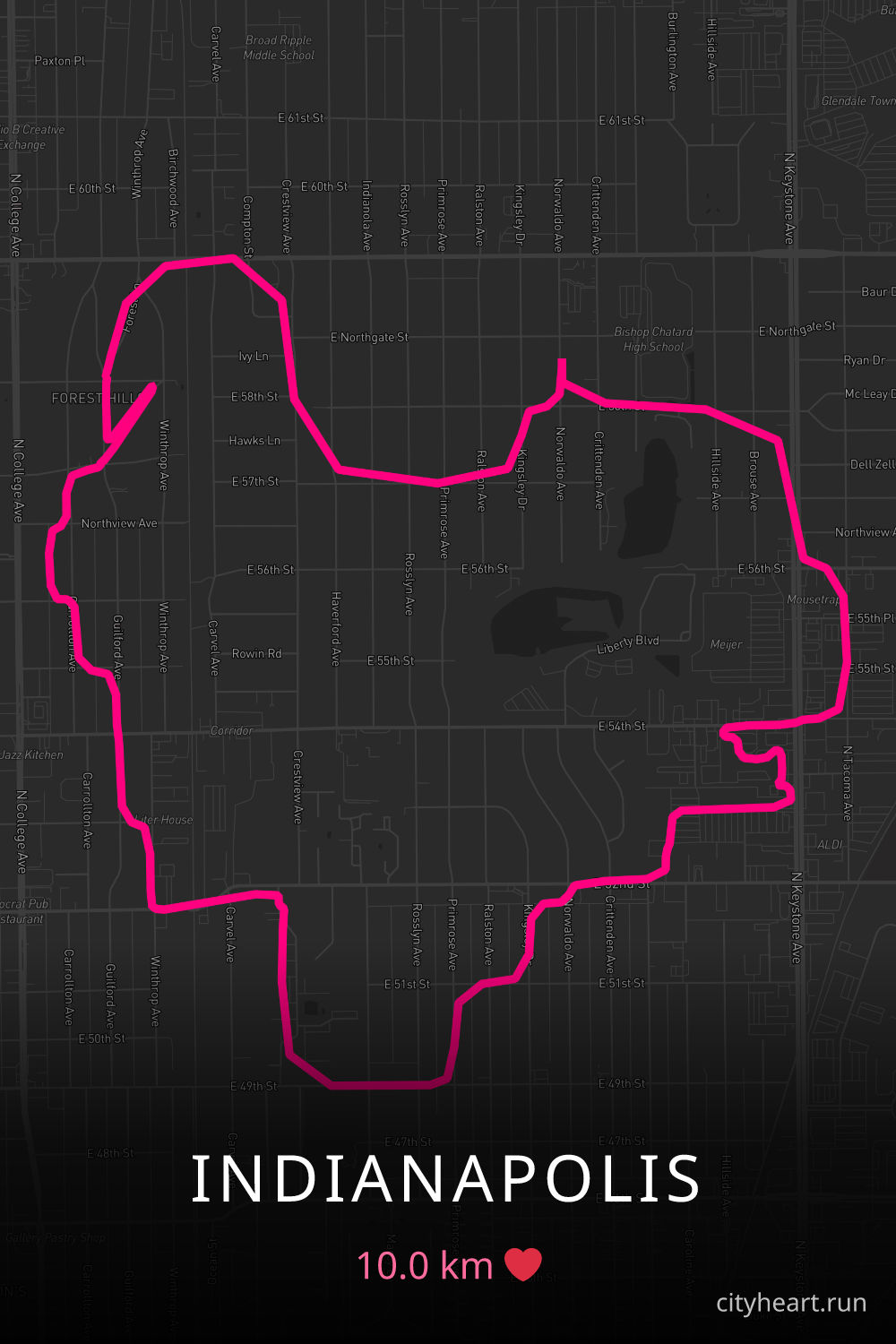 Heart-shaped running route in Indianapolis, 10.0 km — GPS art for Strava