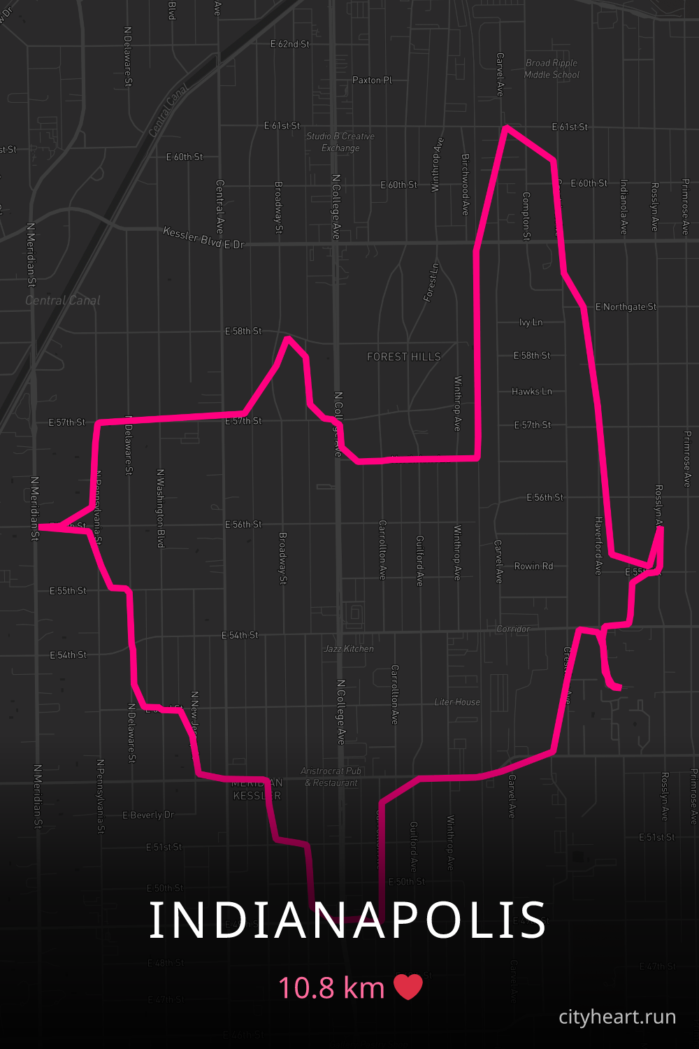 Heart-shaped running route in Indianapolis, 10.8 km — GPS art for Strava