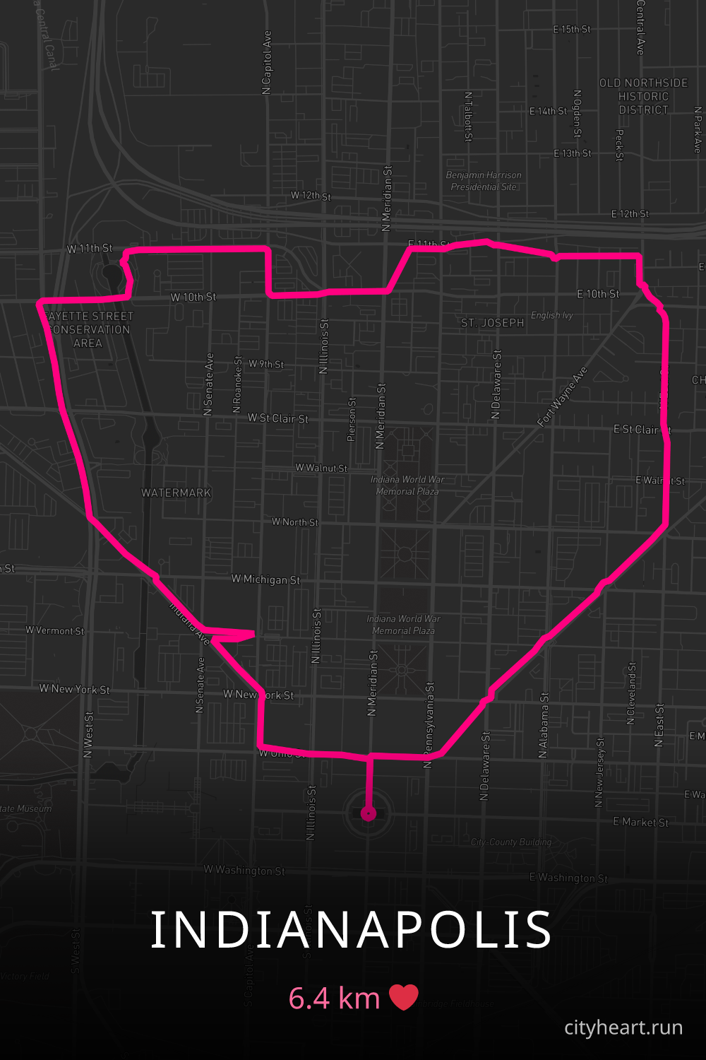 Heart-shaped running route in Indianapolis, 6.4 km — GPS art for Strava