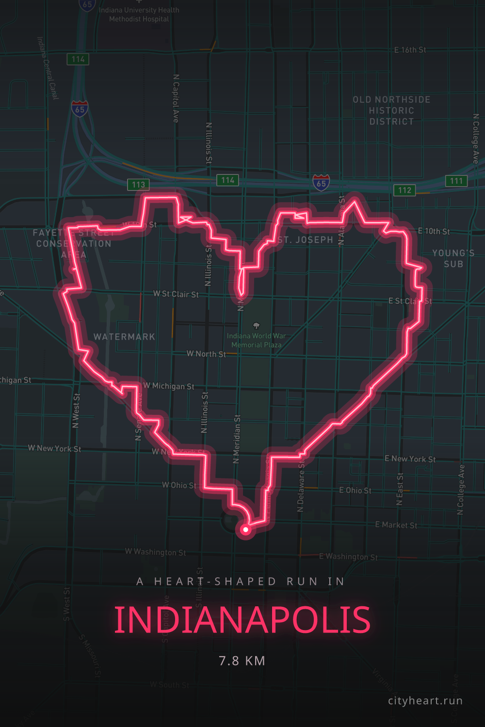 Heart-shaped running route in Indianapolis, 7.8 km — GPS art for Strava