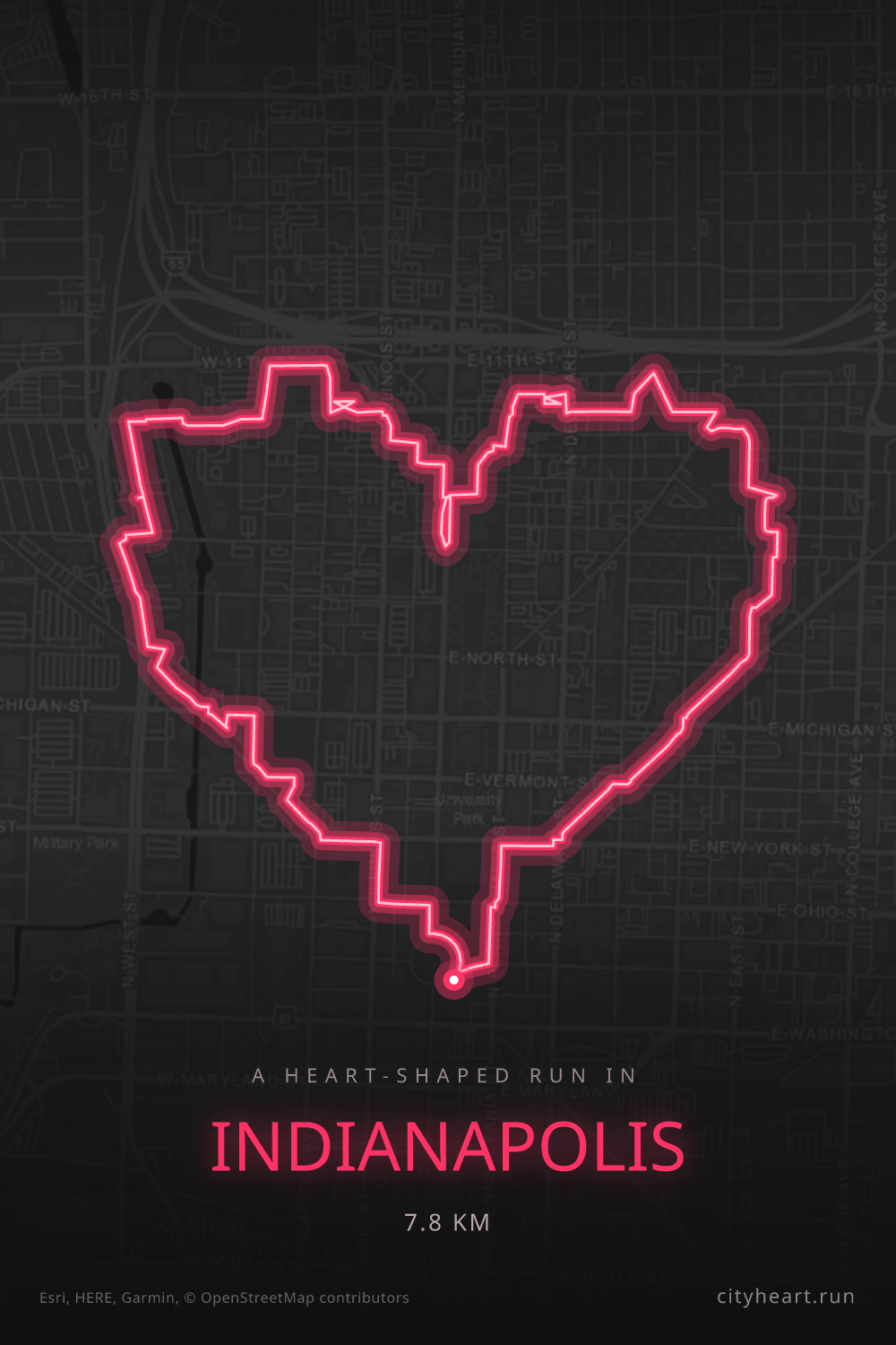 Heart-shaped 7.8 km shakeout running route through Indianapolis, near the CNO Financial Indianapolis Monumental Marathon course