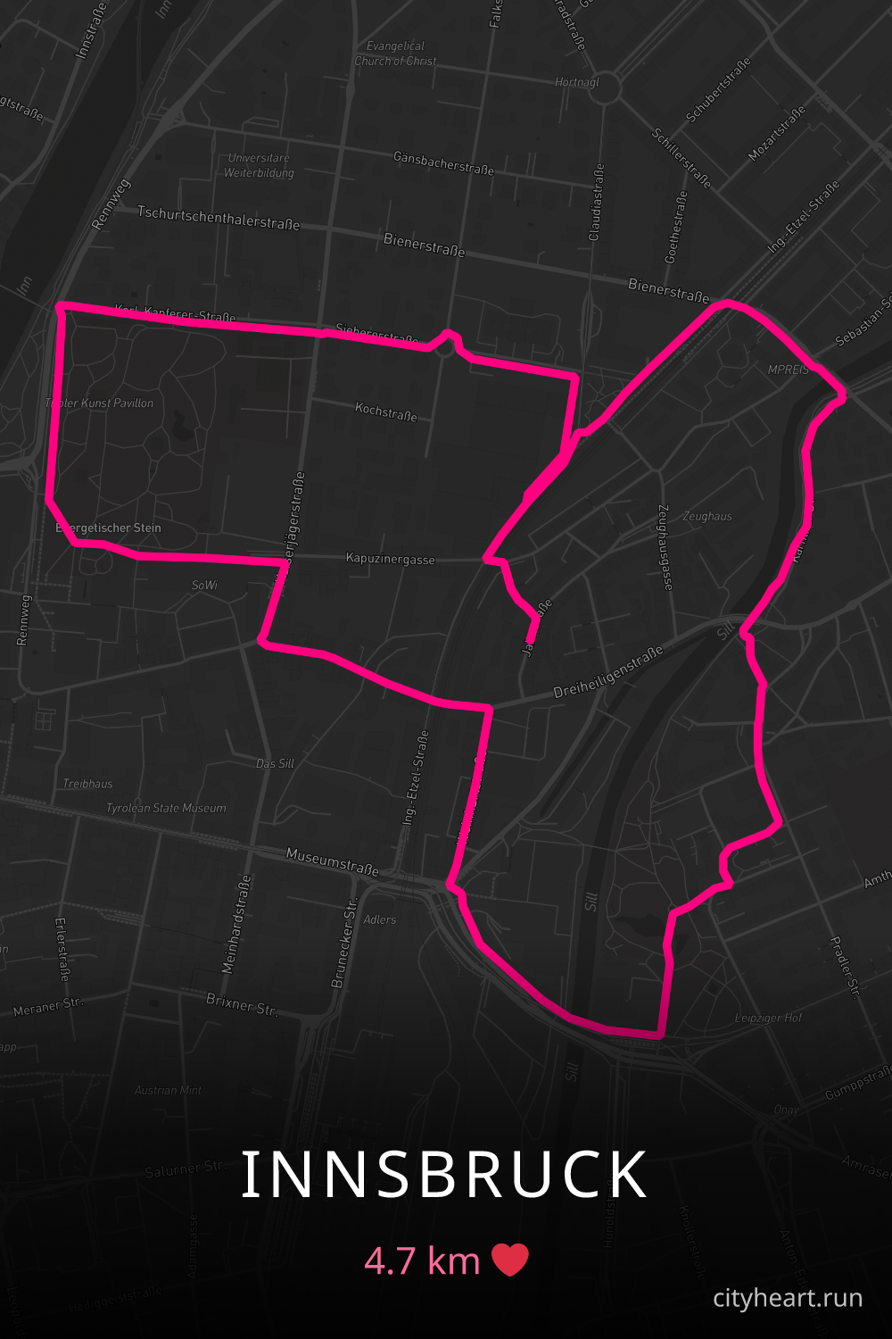 Heart-shaped running route in Innsbruck, 4.7 km — GPS art for Strava