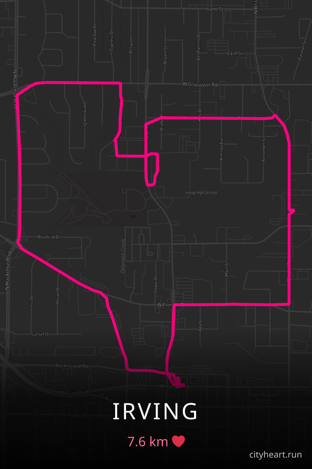 Heart-shaped running route in Irving, 7.6 km — GPS art for Strava