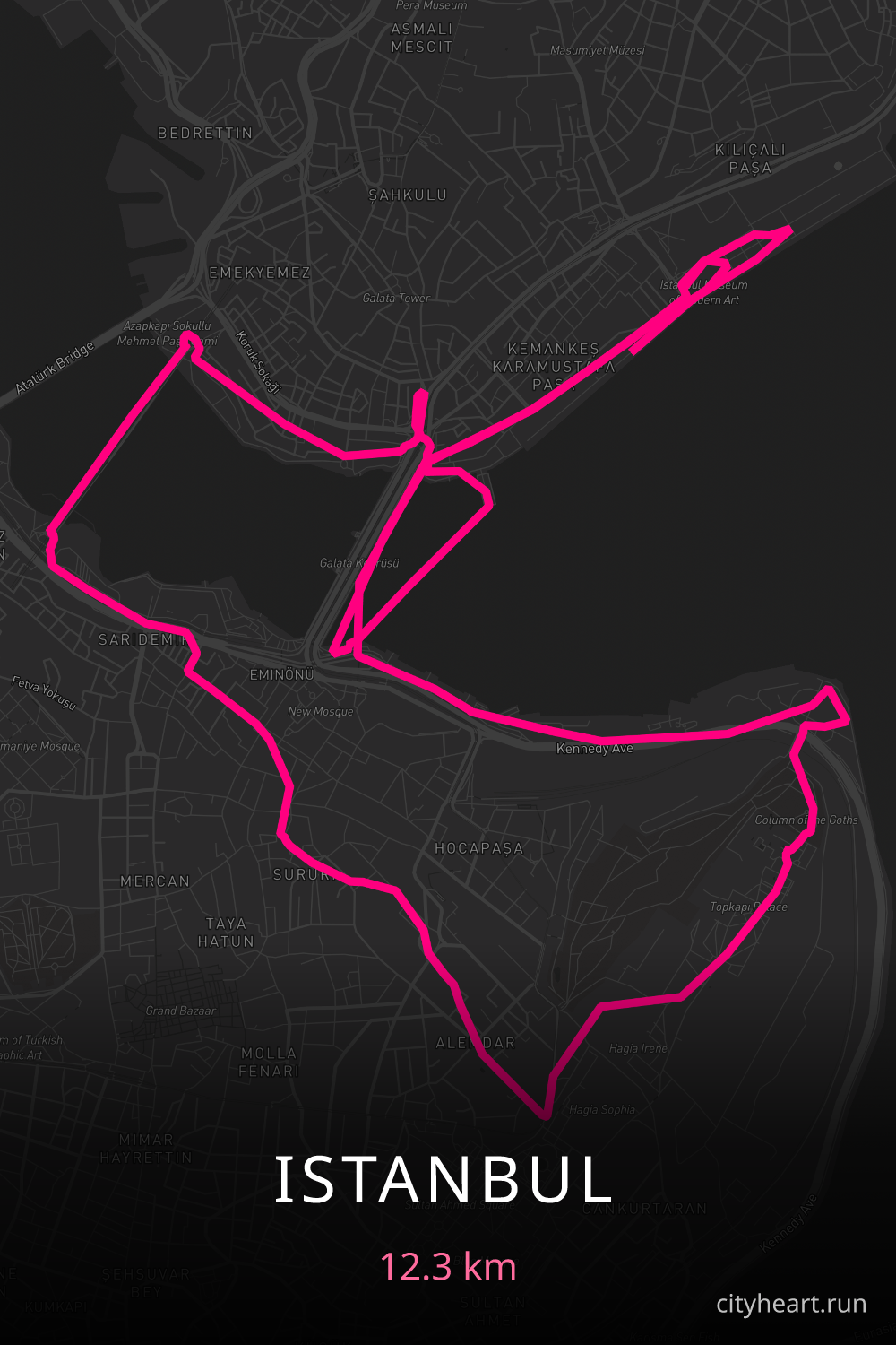 Heart-shaped running route in Istanbul, 12.3 km — GPS art for Strava