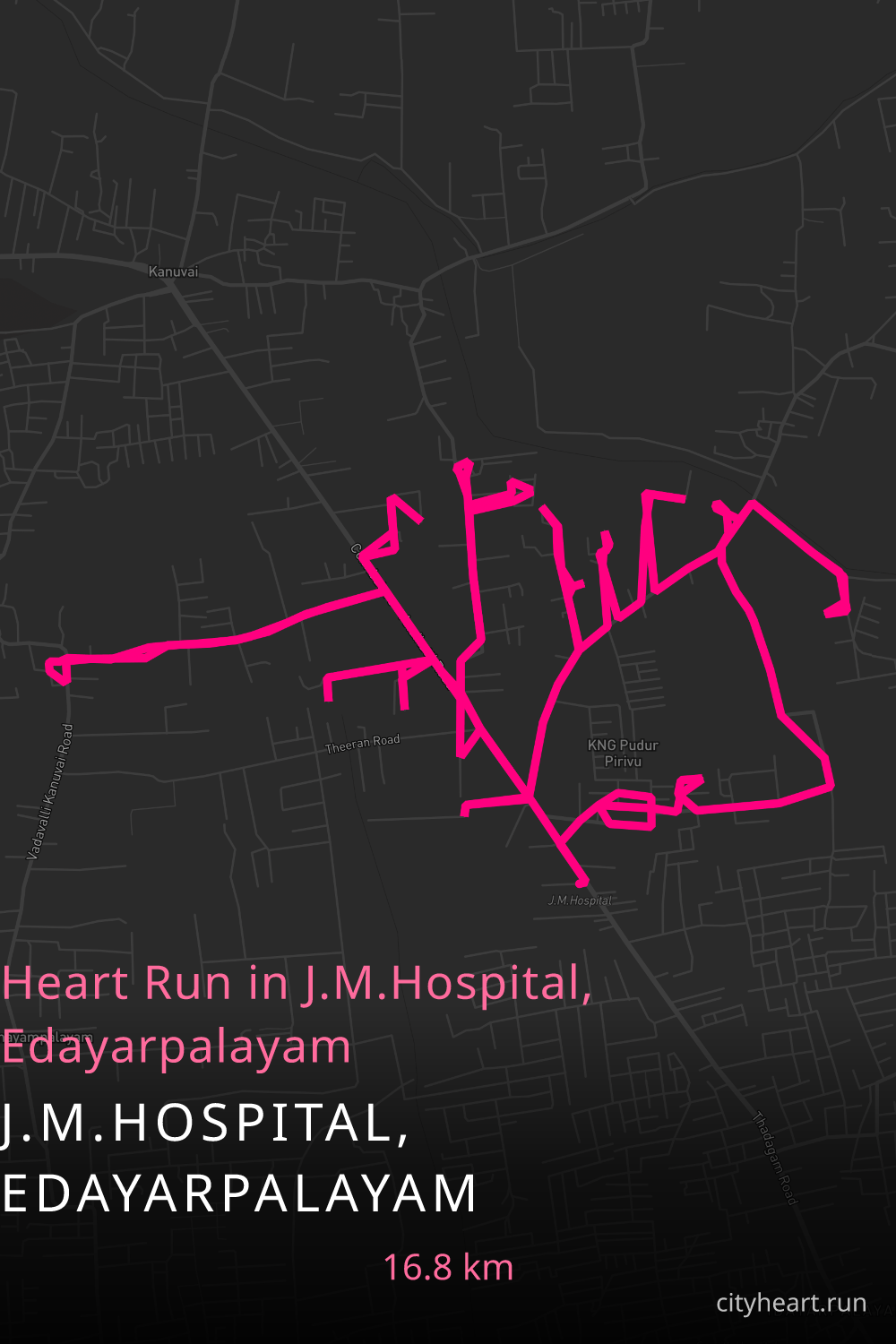 Heart-shaped running route in J.M.Hospital, Edayarpalayam, 16.8 km — GPS art for Strava