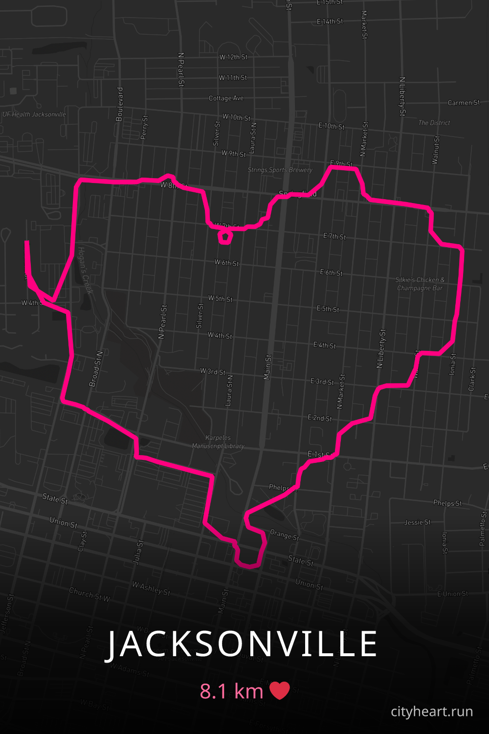 Heart-shaped running route in Jacksonville, 8.1 km — GPS art for Strava
