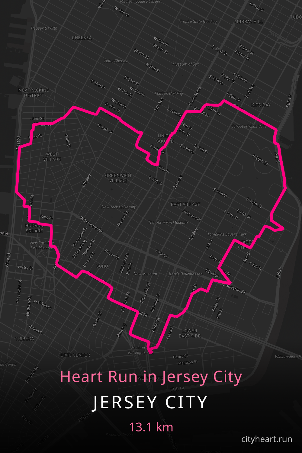 Heart-shaped running route in Jersey City, 13.3 km — GPS art for Strava