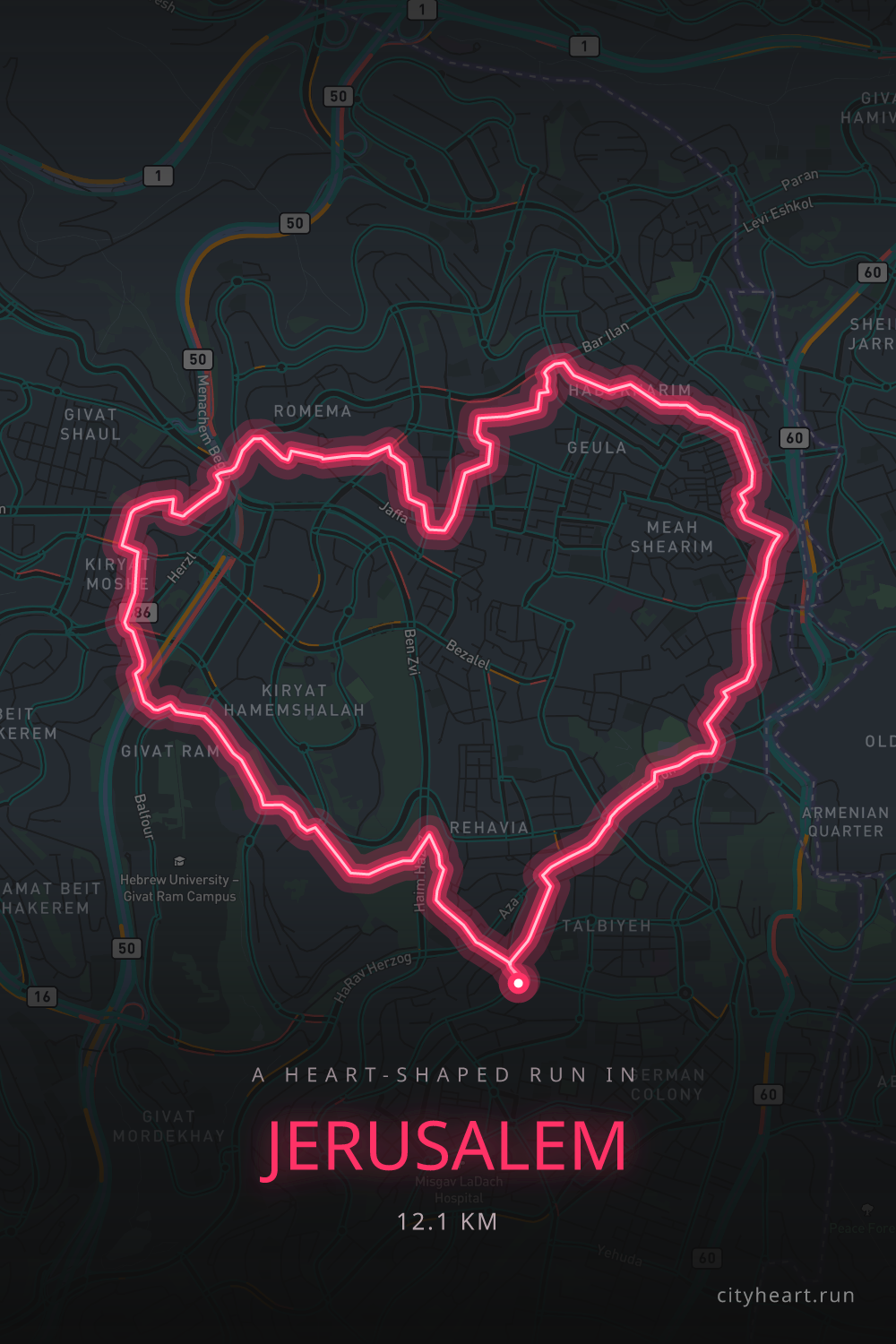 Heart-shaped running route in Jerusalem, 12.1 km — GPS art for Strava