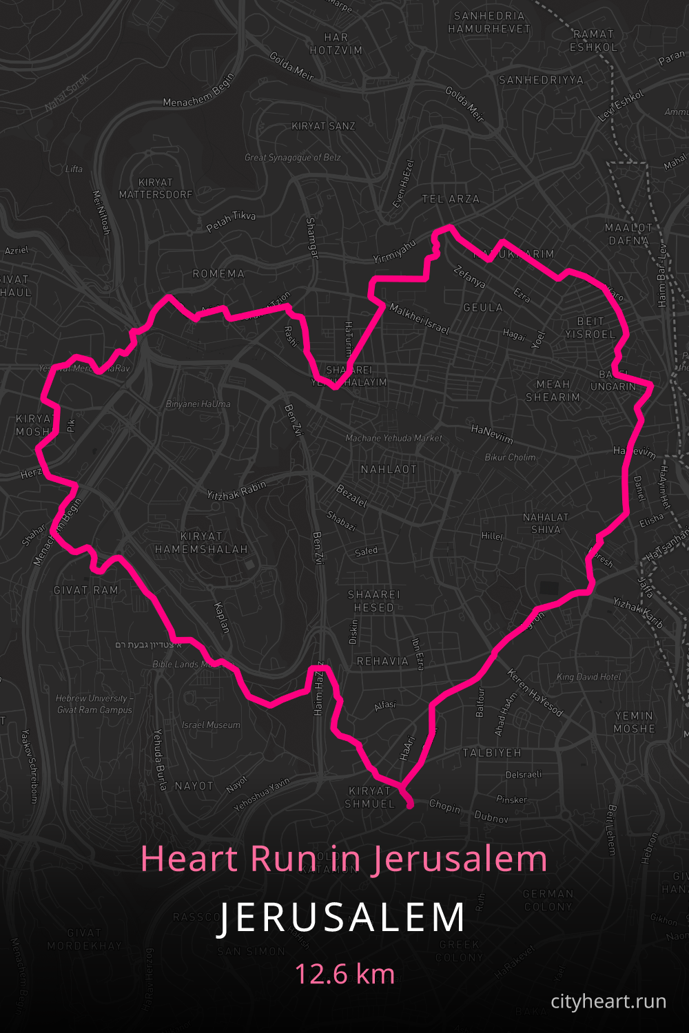 Heart-shaped running route in Jerusalem, 13.3 km — GPS art for Strava