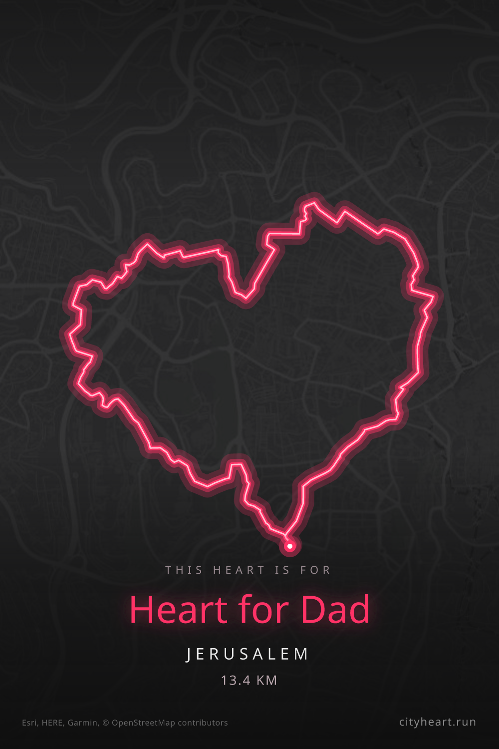 Heart-shaped running route in Jerusalem, 13.4 km — GPS art for Strava