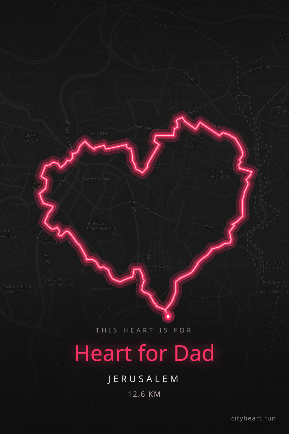Heart-shaped running route in Jerusalem, 13.4 km — GPS art for Strava