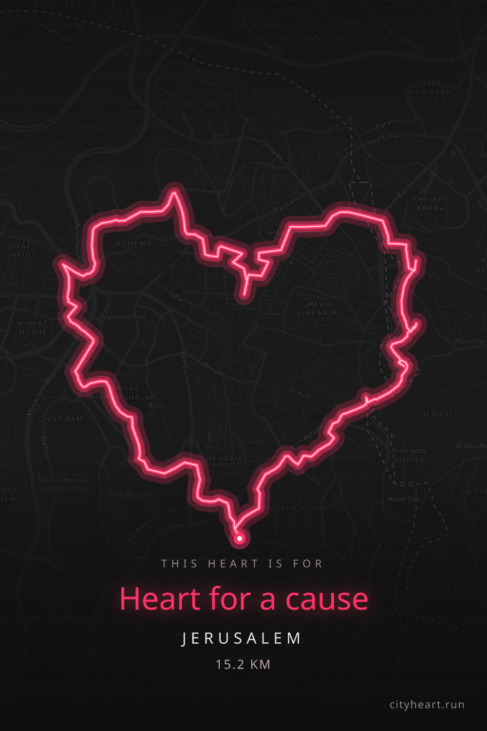 Heart-shaped running route in Jerusalem, 16.4 km — GPS art for Strava