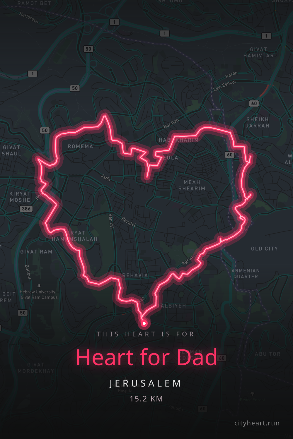 Heart-shaped running route in Jerusalem, 16.4 km — GPS art for Strava