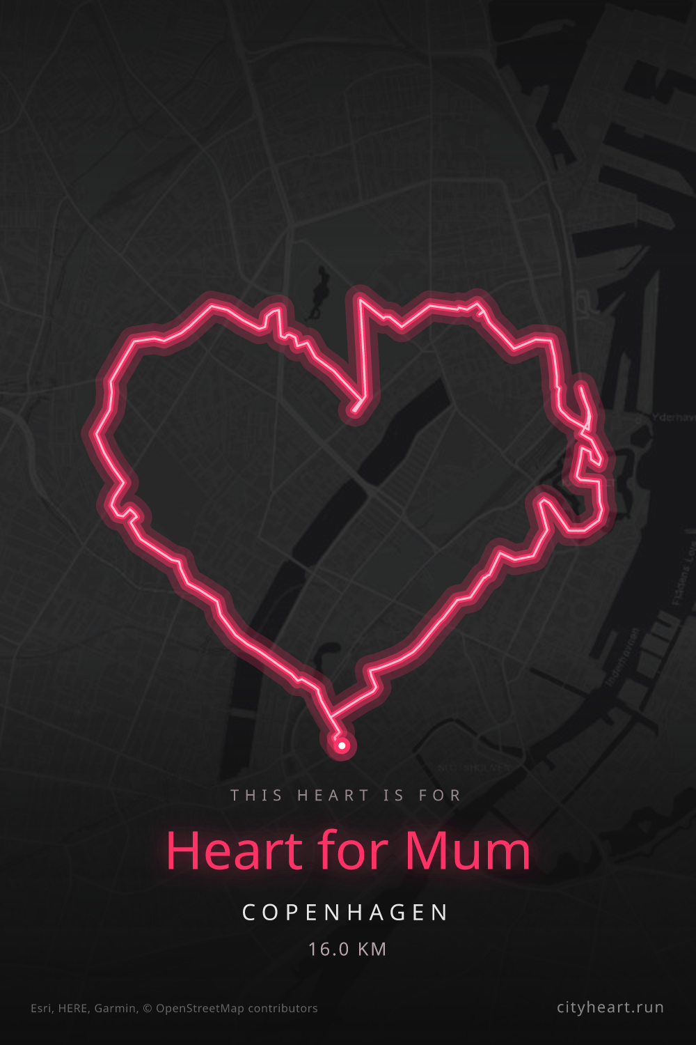 Heart-shaped running route in Copenhagen, 16.0 km — GPS art for Strava
