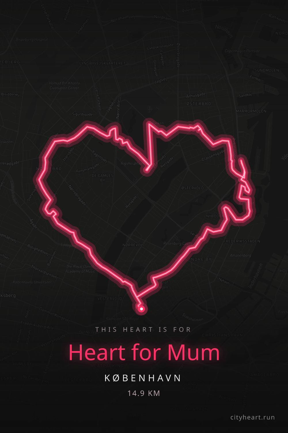 Heart-shaped running route in København, 16.0 km — GPS art for Strava