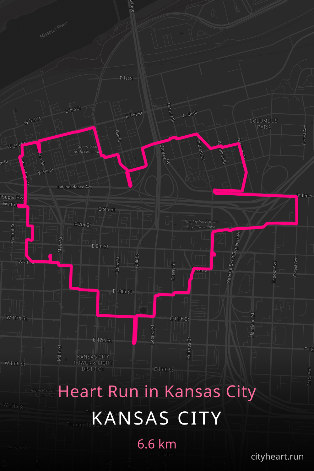 Heart-shaped running route in Kansas City, 6.6 km — GPS art for Strava