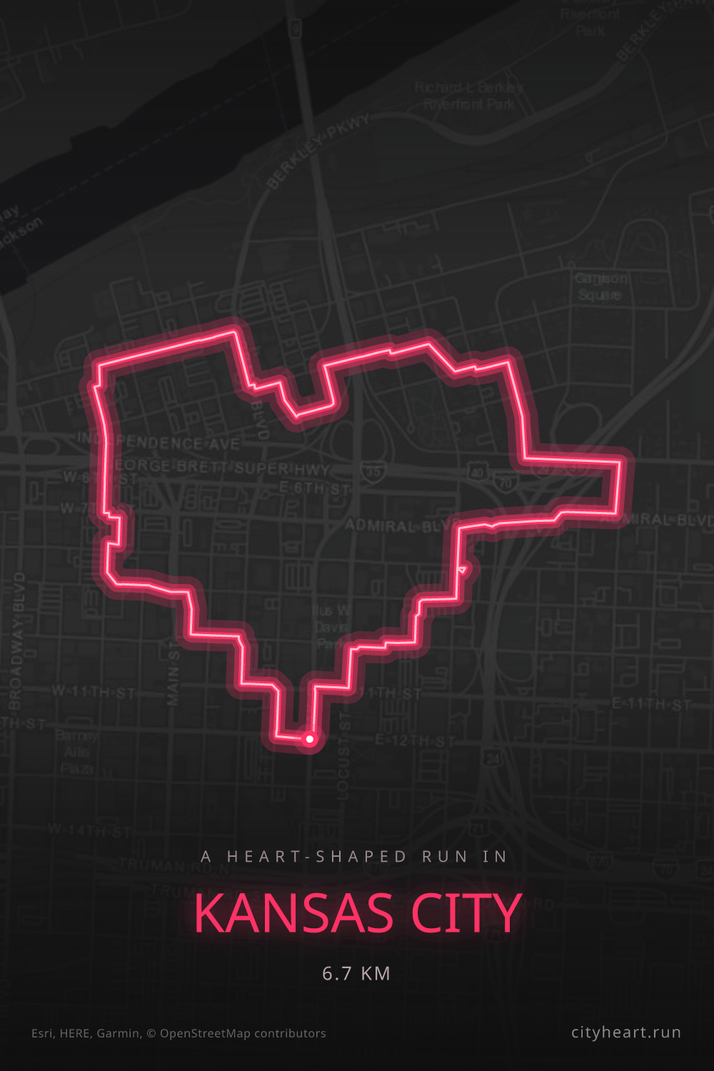 Heart-shaped running route in Kansas City, 6.7 km — GPS art for Strava