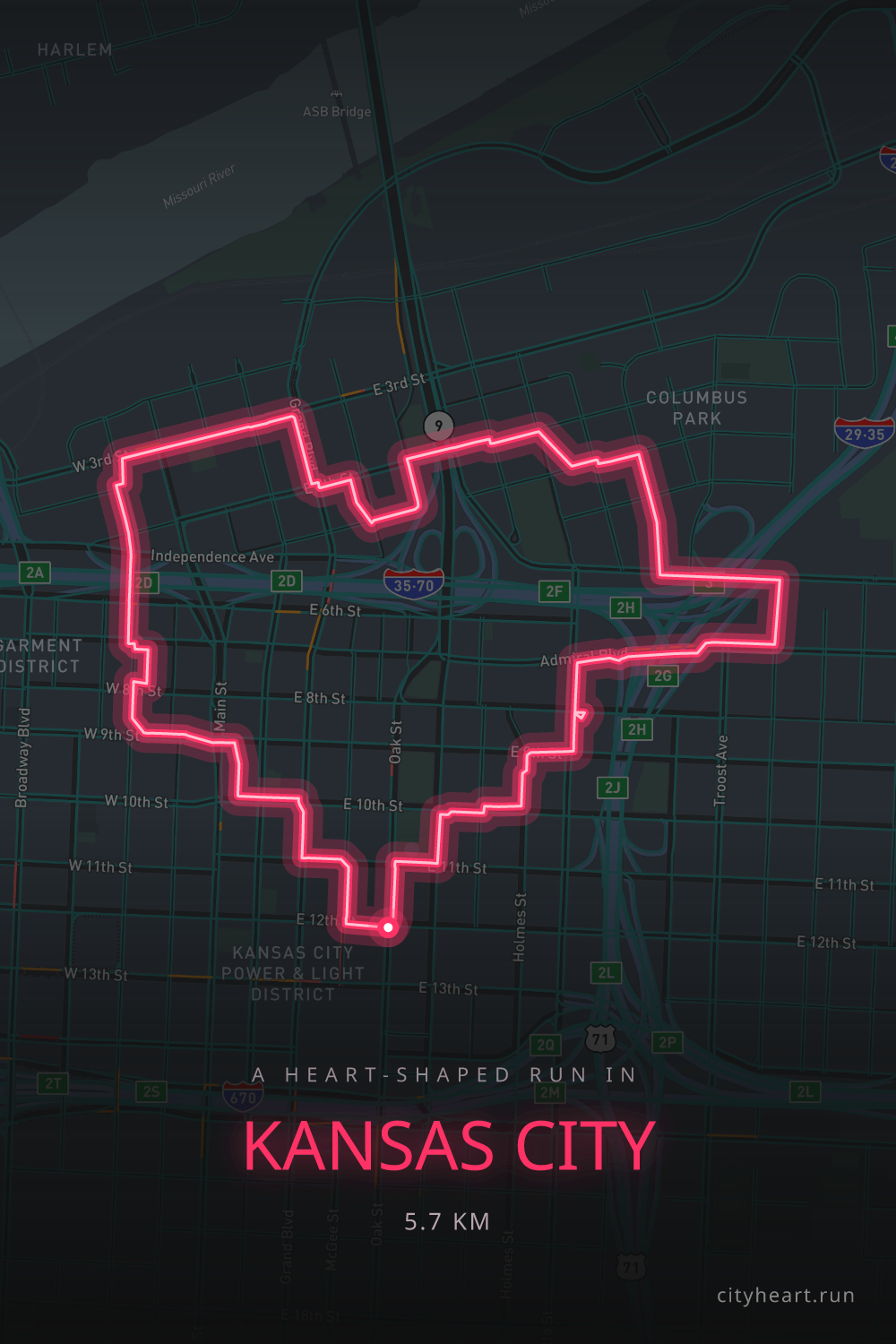Heart-shaped running route in Kansas City, 6.7 km — GPS art for Strava